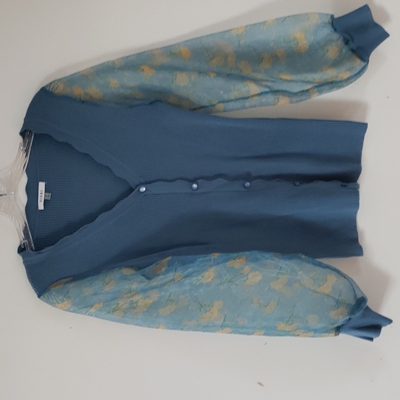 SIONI blu knit with Sheer floral Long Sleeves Sweater Top Cornflower blue Size S - Picture 8 of 16